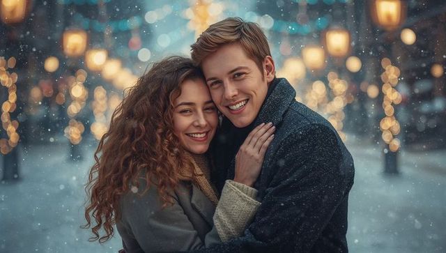 Romantic Winter Embrace on Festive City Street