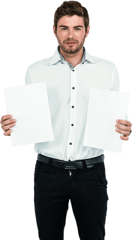confident man wearing white shirt holding transparent blank papers - Download Free Stock Videos Pikwizard.com