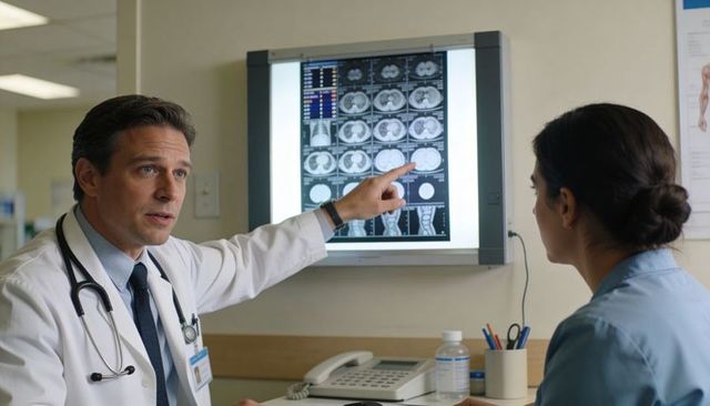 Physician explaining ct and mri scan results to patient during clinic consultation