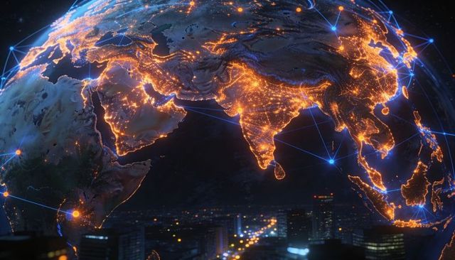 Earth Connecting City Lights with Neon Network Over Futuristic Night Skyline