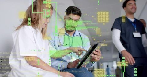 Clinician and Nurse Collaborating on Tablet with Futuristic Medical HUD in Hospital Corridor