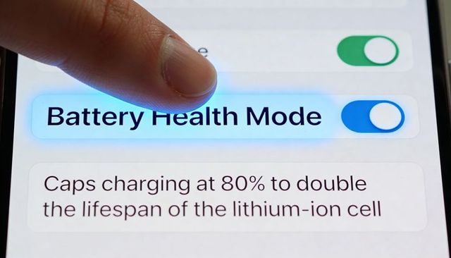 Tapping Fingertip Toggling Battery Health Mode on Smartphone Showing 80% Charge Limit