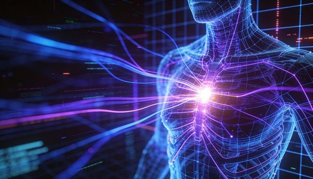 Holographic wireframe torso emitting neon energy and radiating chest core light