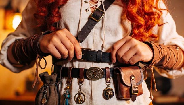 Cosplayer adjusting leather belt over lace-up tunic in warm tavern light, ornate pendants