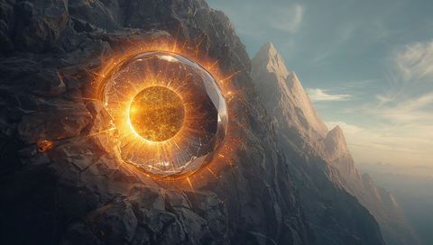 Golden Portal Burst from Mountain Cliff Fantasy Sci-Fi Scene