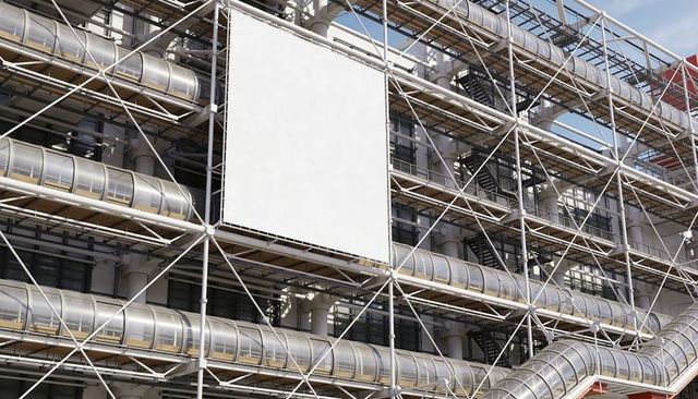 Industrial urban facade featuring tubular glass walkways and large blank advertising panel