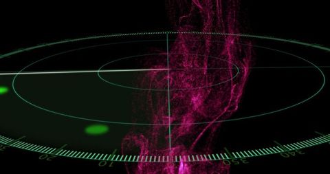 Futuristic hud radar with magenta particle plume, neon green blips and circular grid