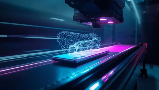 Futuristic smartphone hologram projection with neon lighting