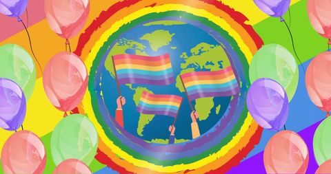Celebratory Globe with Rainbow Flags and Balloons