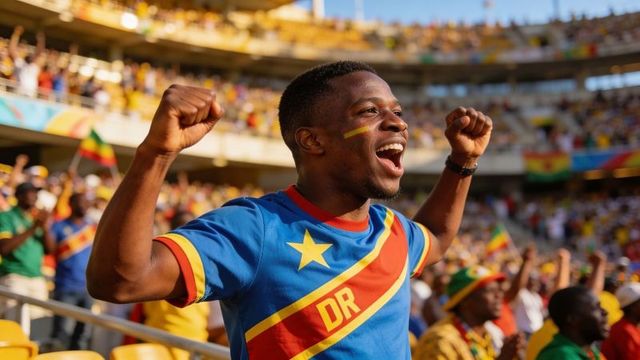 Triumphant dr congo football fan cheering with raised fists in crowded stadium