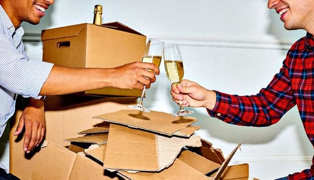 Friends toasting during move with cardboard boxes and champagne flutes, casual celebration