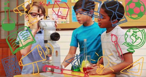 Curious schoolboys exploring science with microscope and colorful beakers in classroom lab