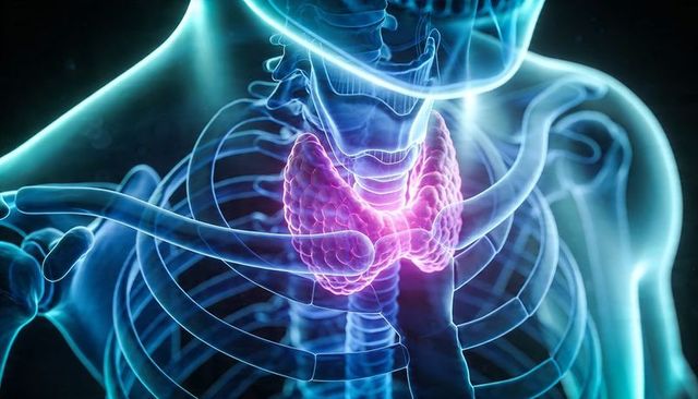 Glowing thyroid gland highlighting neck anatomy in translucent 3D torso, medical education