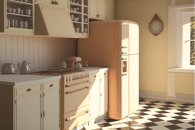 Retro-style kitchen with vintage refrigerator and classic stove, embodying a nostalgic 1950s design. Features old-fashioned appliances and kitchen fixtures, including a unique cream-colored refrigerator and matching stove. The setting includes a checkerboard floor and plenty of storage space in cabinets and shelves. Warm lighting enhances the cozy atmosphere, making this ideal for articles on retro home décor, interior design ideas, or lifestyle blogs focused on nostalgic themes.