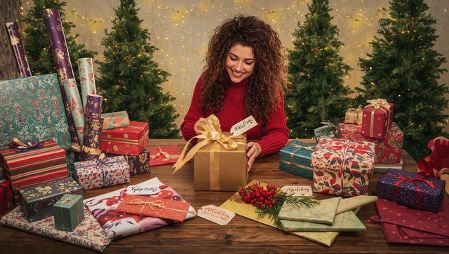 Smiling woman wrapping gold present with ribbon at festive holiday table