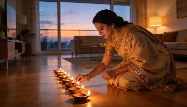 Woman lighting diyas in yellow embroidered sari celebrating diwali at sunset