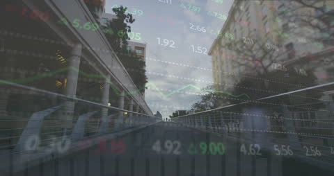 Dynamic Stock Market Data Overlaid on Busy City Walkway