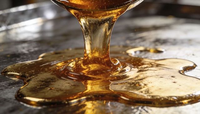 Pouring golden syrup forming glossy amber puddle on metal tray with viscous ripples