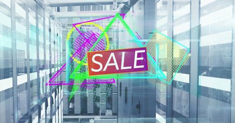 Vibrant Sale Banner Overlaying Modern Server Room - Download Free Stock Images Pikwizard.com