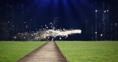 Magical Wooden Pathway Leading Toward Glowing Star Trail