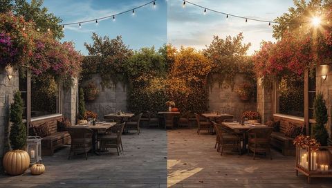 Romantic Outdoor Dining Area with Seasonal Decorations