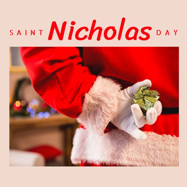 Santa Claus Holding Small Gift on Saint Nicholas Day Celebration - Download Free Stock Templates Pikwizard.com