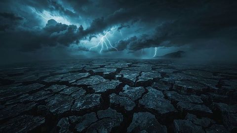 Dramatic lightning over arid, cracked earthquake landscape