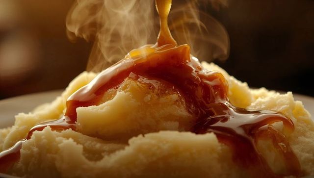 Pouring Hot Gravy on Steaming Mashed Potatoes