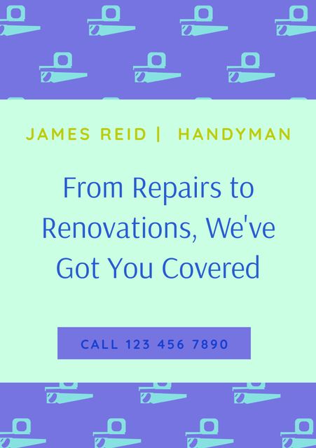 Promotional flyer for handyman services displaying a vibrant backdrop with a tools pattern. The flyer includes contact information and a catchy service slogan, ideal for promoting small business services related to repairs and renovations. Suitable for creating business cards, social media posts, and posters.