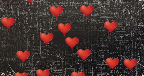 Red Hearts Falling on Mathematical Equations Chalkboard