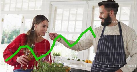 Couple tasting in bright kitchen with rising green growth graph overlay for food tech