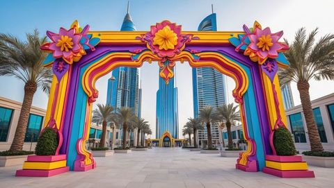 Vibrant Decorative Arch Amidst Modern Urban Landscape