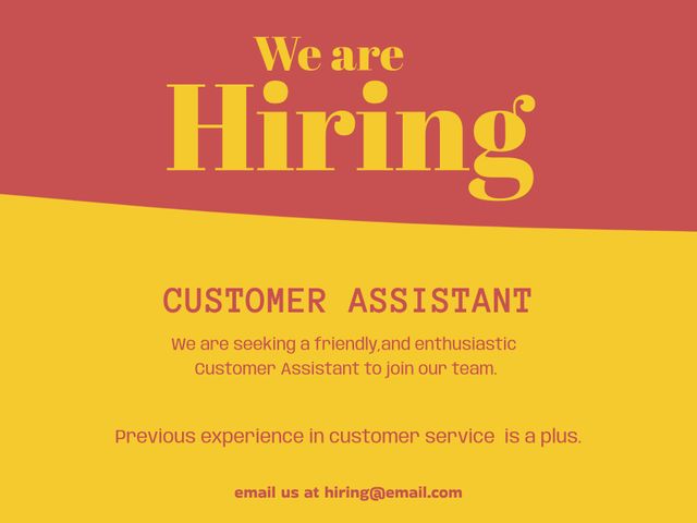 Hiring announcement focusing on customer assistant position. Perfect for sharing on social media, job boards, and bulletin boards. Suitable for recruiters and businesses looking for experienced candidates in customer service.