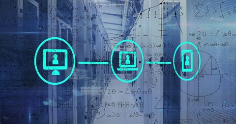 Digital Network Icons and Mathematical Equations in Server Room - Download Free Stock Images Pikwizard.com