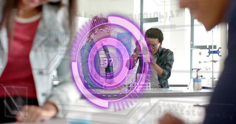 Student scientist adjusting tubing with AR HUD in modern science classroom laboratory
