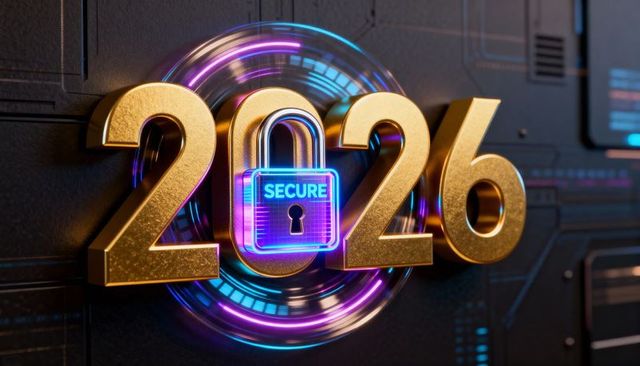 2026 secure holographic padlock over gold numerals representing futuristic cybersecurity