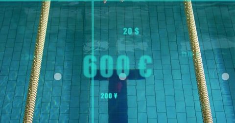 Overhead swimmer floating in lap pool with currency graphics, blue tiles and gold lanes