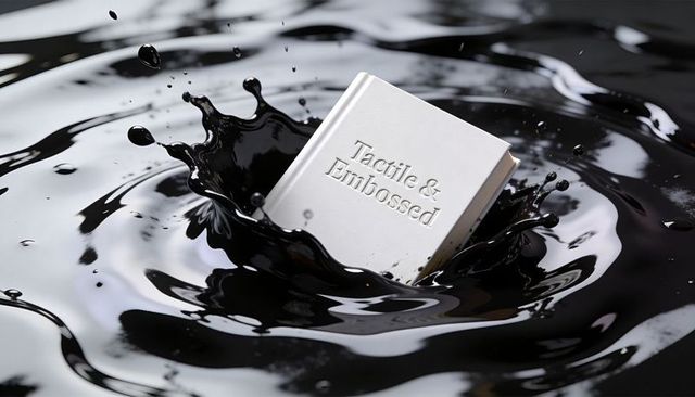 White embossed book plunging into glossy black liquid creating dramatic crown splash