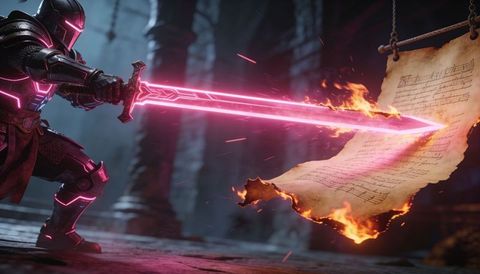 Lunging armored knight slicing burning sheet music with neon pink energy sword in crypt