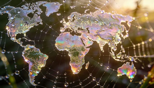 Iridescent World Map Formed by Dew on Spider Web with Golden Sun Bokeh and Rainbow Prism Droplets