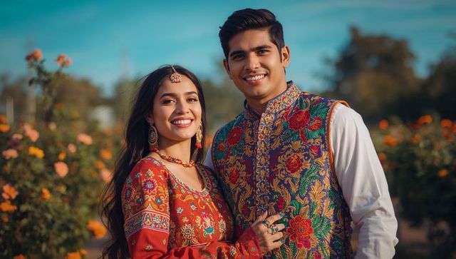 Smiling south asian couple wearing embroidered festive attire in rose garden