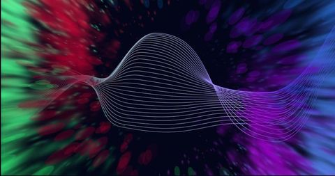 Neon wireframe waveform floating ribbon with bokeh trails and vibrant color burst background