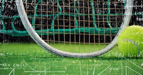 Tennis racket and ball with mathematical formula overlays