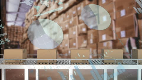 Cardboard Boxes on Conveyor with Financial Data Overlay