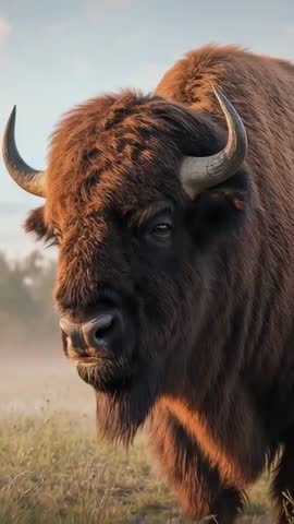 Bison at Dawn Shifting Head and Blinking in Misty Prairie Vertical Video — Closeup Horns and Fur