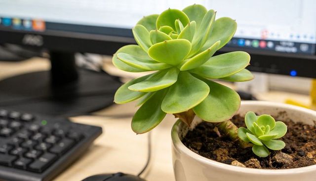 Green rosette succulent on office desk beside keyboard and monitor for workspace decor