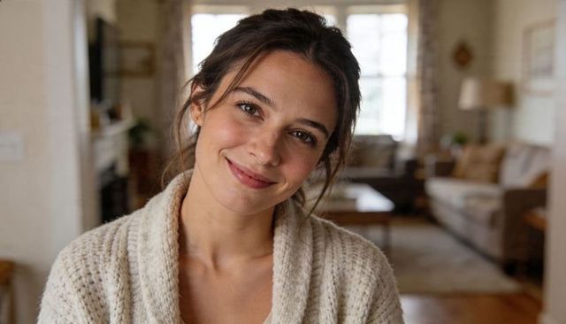 Warm cozy morning portrait of smiling woman in cream knit cardigan in sunlit living room