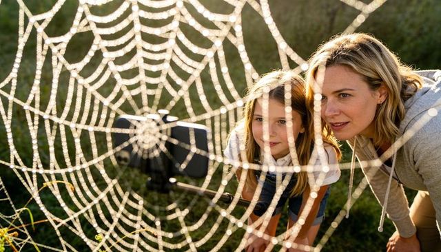 Mother and daughter exploring dew-covered spiderweb in meadow with smartphone camera