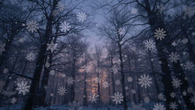 Twilight forest glowing with falling snowflakes over bare winter trees