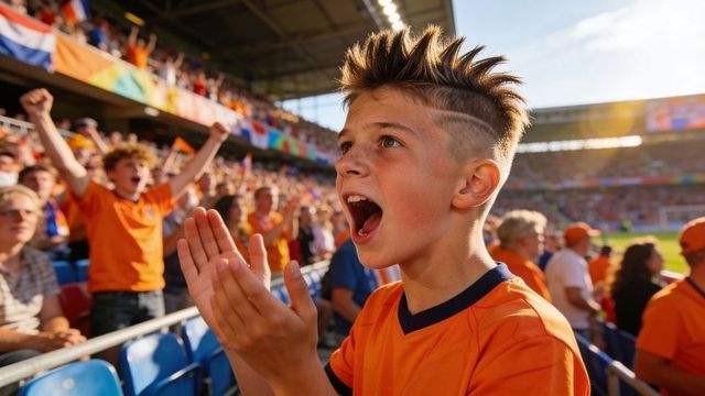 Teen fan cheering passionately in stadium wearing orange jersey amid energetic crowd